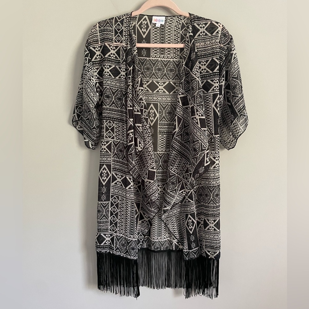 Lularoe Black and White Geometric Monroe Kimono with Black Fringe